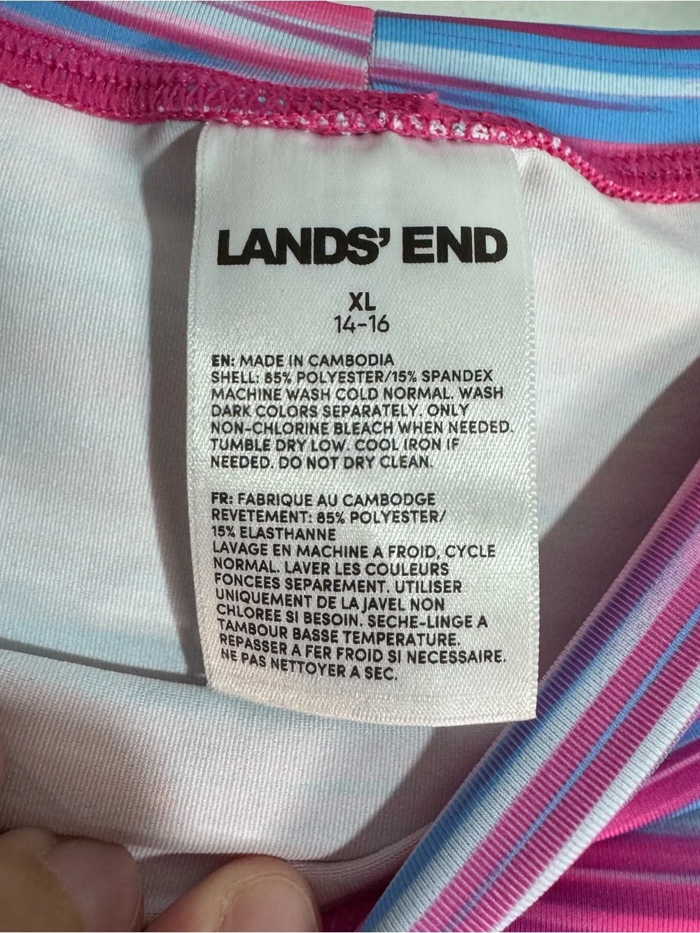 Lands’ End Kids XL 14-16 Pink Blue Striped Rash Guard Swim Shirt UPF